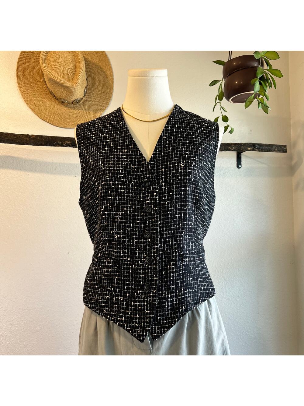 90s ESPRIT White Window Panel Check Print Button Front Vest Top Size Small